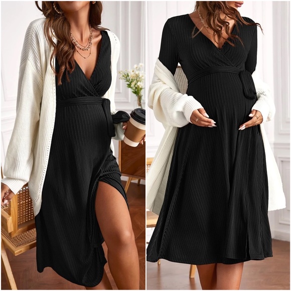 Maternity Rust Ribbed Long Sleeve Minimalist Dress - Picture 3 of 6